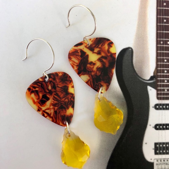 Guitar Pick Earrings OOAK Tortoise Yellow - Picture 1 of 2